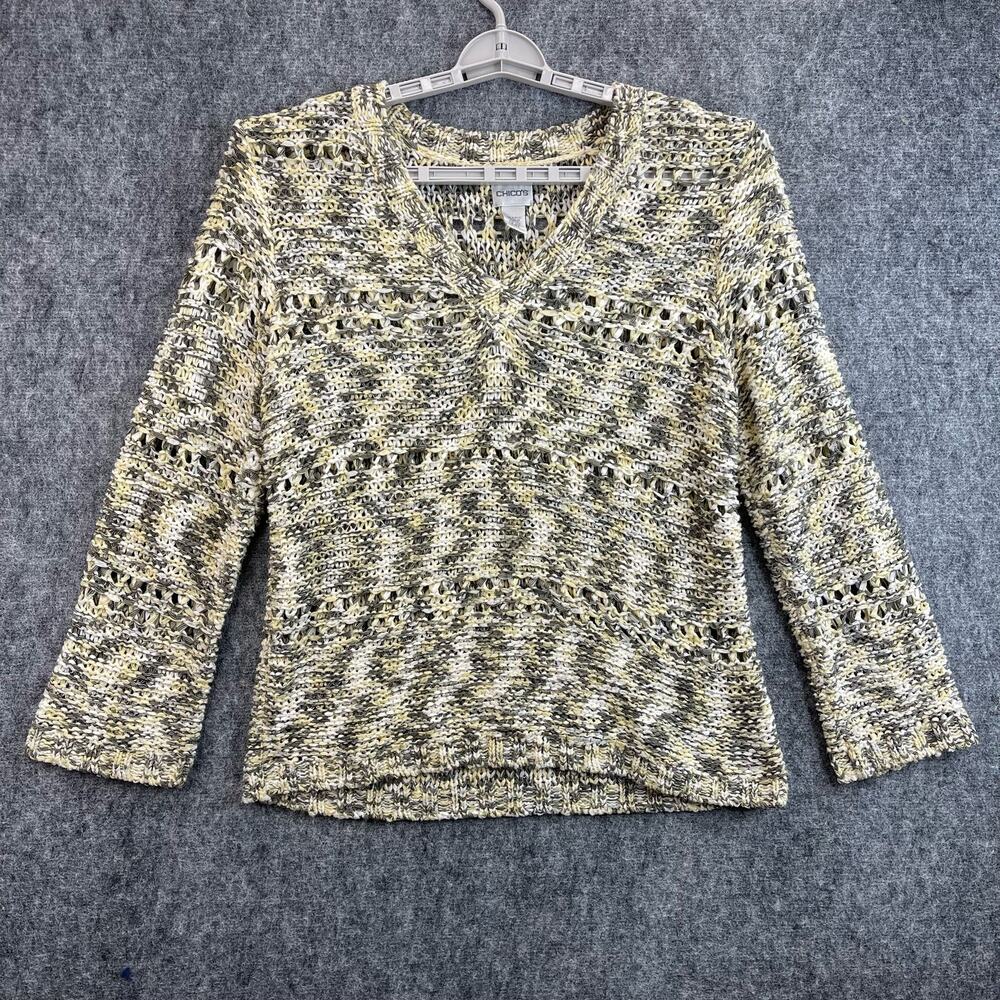 Chico's Open Knitted Sweater Size 2 Long Sleeves V-neck Pullover
